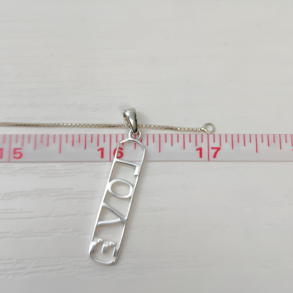 SU Sterling Silver Open work LOVE Bar Pendant Necklace Thailand 17" - Picture 6 of 13